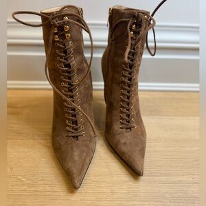 Sergio Rossi Brown Suede Lace-Up Pointed Toe Heeled Boots